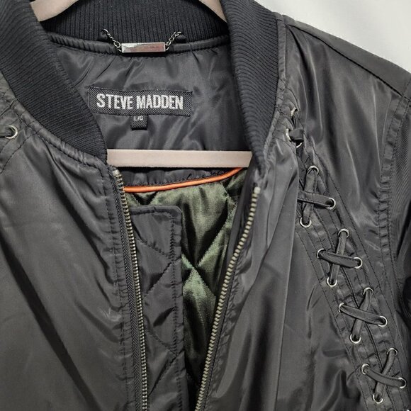 Steve Madden Black Lace Up Bomber Jacket L - Picture 4 of 9